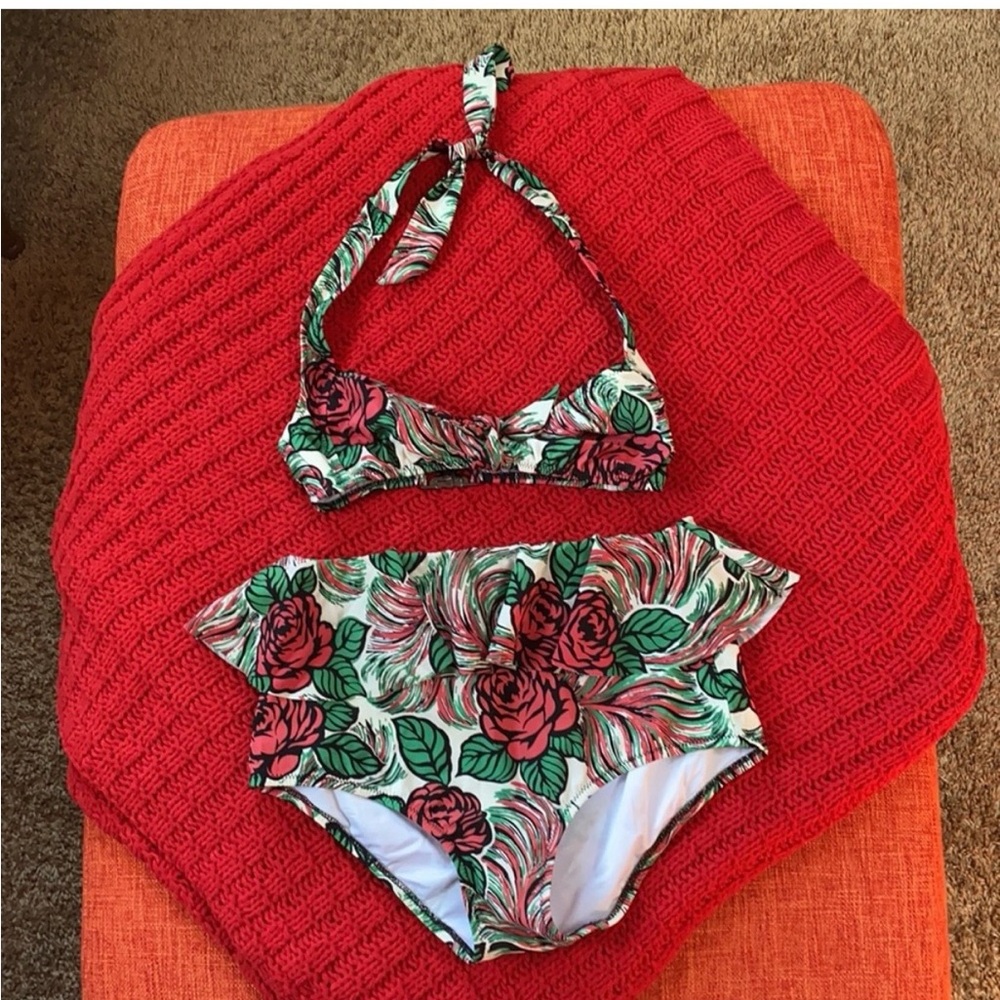 🖤 Anna Sui 🖤 Retro Swim Suit Bikini Rosa Mexicana Rose Print Small ♥️ - Picture 4 of 13